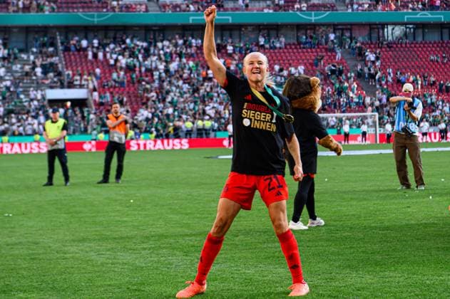 COLOGNE, GERMANY - 1 MAY, 2025: Pernille Harder and winner dance - The DFB-Pokal Frauen (Germany Women Cup) match FC Bayern Munich vs SV Werder Bremen at Rhein Energie Stadion.  Copyright: xx