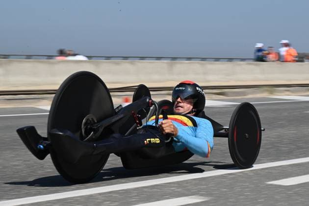 Unidentified Belgian cyclist pictured in action during the time trials at the UCI Para-Cycling Road World Cup event, Thursday 01 May 2025, in Oostende. The UCI Para-Cycling Road World Cup takes place from 01 to 04 May in Oostende and Brugge. LUCxCLAESSEN  x122390433x