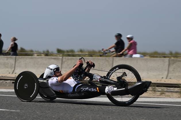 Spanish Hector Esturillo Lopez pictured in action during the time trials at the UCI Para-Cycling Road World Cup event, Thursday 01 May 2025, in Oostende. The UCI Para-Cycling Road World Cup takes place from 01 to 04 May in Oostende and Brugge. LUCxCLAESSEN  x122390440x