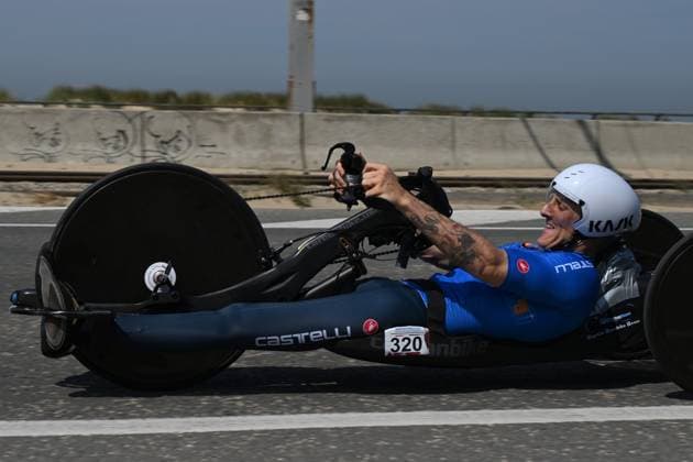 Italian Federico Mestroni pictured in action during the time trials at the UCI Para-Cycling Road World Cup event, Thursday 01 May 2025, in Oostende. The UCI Para-Cycling Road World Cup takes place from 01 to 04 May in Oostende and Brugge. LUCxCLAESSEN  x122390448x