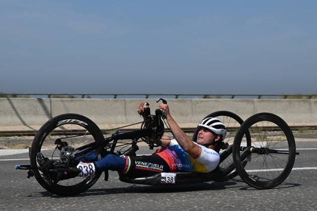 Venezuelan Jair Yordani Cardenas Pereira pictured in action during the time trials at the UCI Para-Cycling Road World Cup event, Thursday 01 May 2025, in Oostende. The UCI Para-Cycling Road World Cup takes place from 01 to 04 May in Oostende and Brugge. LUCxCLAESSEN  x122390465x