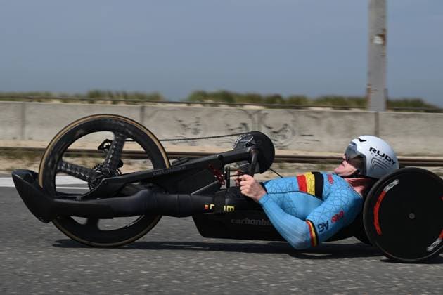 Belgian Marvin Odent pictured in action during the time trials at the UCI Para-Cycling Road World Cup event, Thursday 01 May 2025, in Oostende. The UCI Para-Cycling Road World Cup takes place from 01 to 04 May in Oostende and Brugge. LUCxCLAESSEN  x122390478x