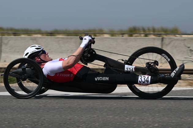 Swiss Micha Wafler pictured in action during the time trials at the UCI Para-Cycling Road World Cup event, Thursday 01 May 2025, in Oostende. The UCI Para-Cycling Road World Cup takes place from 01 to 04 May in Oostende and Brugge. LUCxCLAESSEN  x122390487x