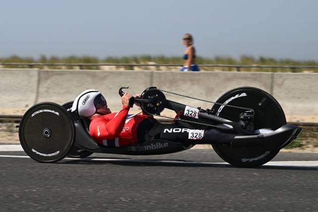 Norwegian Christian Gyldenohr pictured in action during the time trials at the UCI Para-Cycling Road World Cup event, Thursday 01 May 2025, in Oostende. The UCI Para-Cycling Road World Cup takes place from 01 to 04 May in Oostende and Brugge. LUCxCLAESSEN  x122390489x