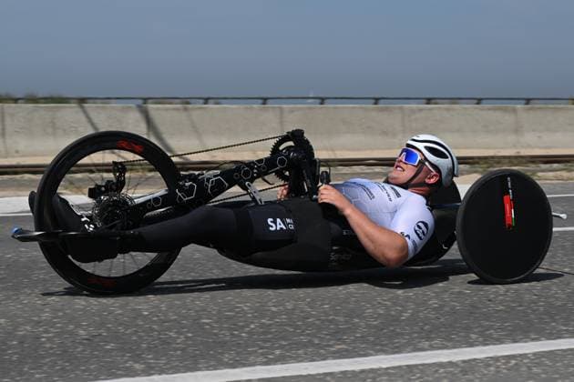 Unidentified cyclist pictured in action during the time trials at the UCI Para-Cycling Road World Cup event, Thursday 01 May 2025, in Oostende. The UCI Para-Cycling Road World Cup takes place from 01 to 04 May in Oostende and Brugge. LUCxCLAESSEN  x122390494x