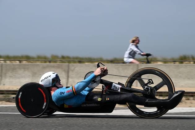 Belgian Marvin Odent pictured in action during the time trials at the UCI Para-Cycling Road World Cup event, Thursday 01 May 2025, in Oostende. The UCI Para-Cycling Road World Cup takes place from 01 to 04 May in Oostende and Brugge. LUCxCLAESSEN  x122390499x