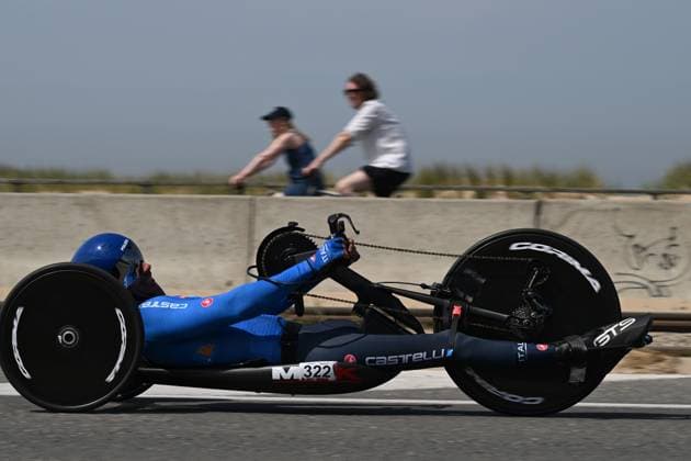 Italian Mirko Testa pictured in action during the time trials at the UCI Para-Cycling Road World Cup event, Thursday 01 May 2025, in Oostende. The UCI Para-Cycling Road World Cup takes place from 01 to 04 May in Oostende and Brugge. LUCxCLAESSEN  x122390500x