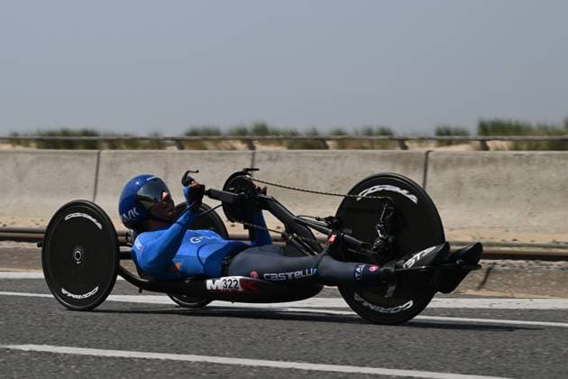 Italian Mirko Testa pictured in action during the time trials at the UCI Para-Cycling Road World Cup event, Thursday 01 May 2025, in Oostende. The UCI Para-Cycling Road World Cup takes place from 01 to 04 May in Oostende and Brugge. LUCxCLAESSEN  x122390501x