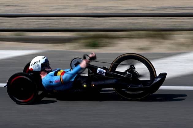 Belgian Marvin Odent pictured in action during the time trials at the UCI Para-Cycling Road World Cup event, Thursday 01 May 2025, in Oostende. The UCI Para-Cycling Road World Cup takes place from 01 to 04 May in Oostende and Brugge. LUCxCLAESSEN  x122390509x