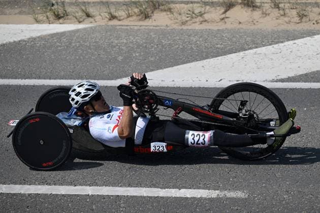 Japanese Yoshitaka Tanaka pictured in action during the time trials at the UCI Para-Cycling Road World Cup event, Thursday 01 May 2025, in Oostende. The UCI Para-Cycling Road World Cup takes place from 01 to 04 May in Oostende and Brugge. LUCxCLAESSEN  x122390529x