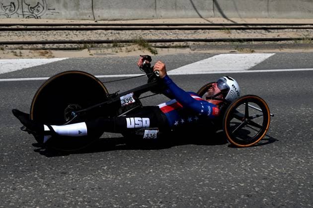 American Brandon Lyons pictured in action during the time trials at the UCI Para-Cycling Road World Cup event, Thursday 01 May 2025, in Oostende. The UCI Para-Cycling Road World Cup takes place from 01 to 04 May in Oostende and Brugge. LUCxCLAESSEN  x122390532x