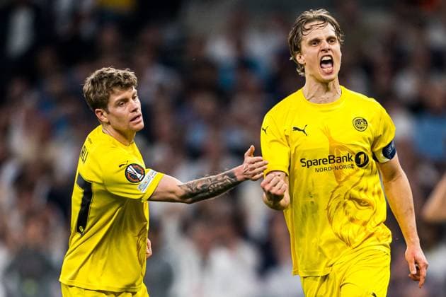 250501 Ulrik Saltnes of Bodo Glimt celebrates after scoring the 3-1 goal during the UEFA Europa League semi-final football match between Tottenham and Bodo Glimt on May 1, 2025 in London. Photo: Marius Simensen BILDBYRAN COP 238 MM0042 bbeng bodo glimt football fotball fotboll jubel semi-final semifinale soccer spurs tottenham tottenham hotspur fc uefa europa league Copyright: MARIUSxSIMENSEN BB250501BB982