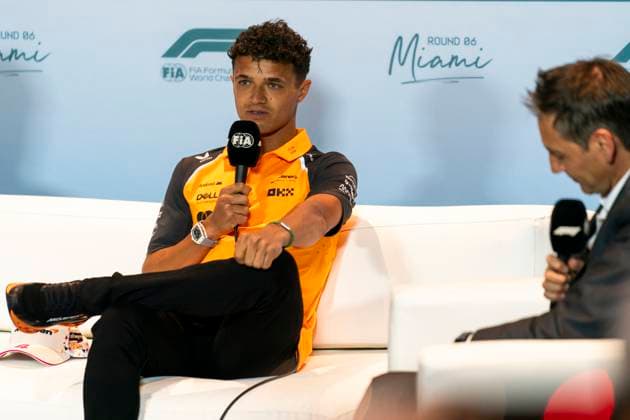British Formula One driver Lando Norris of McLaren F1 Team speaks at a press conference, PK, Pressekonferenz during the Formula One Miami Grand Prix at the Miami International Autodrome in Miami Gardens, Florida on Thursday, May 1, 2025.  MIA2025050112 GREGxNASH