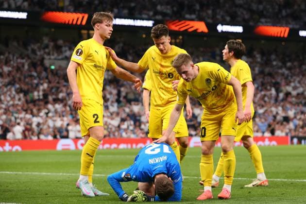 1st May 2025; Tottenham Hotspur Stadium, London, England; UEFA Europa League Semi Final First Leg Football, Tottenham Hotspur versus Bodo Glimt; goalkeeper Nikita Haikin of Bodo Glimt praised by his fellow players after saving from Rodrigo Bentancur of Tottenham Hotspur  ActionPlus12780732 KatiexChan