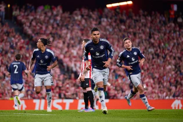 Athletic Club v Manchester United, ManU - UEFA Europa League 2024 25 Semi Final First Leg Carlos Henrique Francisco Casemiro of Manchester United celebrates after scoring the team s first goal during the UEFA Europa League 2024 25 Semi Final First Leg match between Athletic Club and Manchester United at San Mames on May 1, 2025, in Bilbao, Spain. Bilbao San Mames Basque Country Spain RL_ATHvMUTD_EL_000050 Copyright: xRicardoxLarreinax