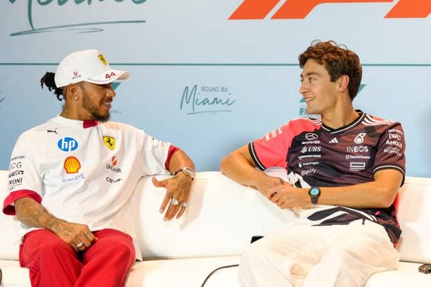 MOTORI - Formula 1 - Crypto.com Miami Grand Prix 2025 - press conference, PK, Pressekonferenz Lewis Hamilton (GBR), Ferarri, 44 and George Russell (GBR), Mercedes, 63, press conference Miami  Copyright: xIPAxSport ABACAx