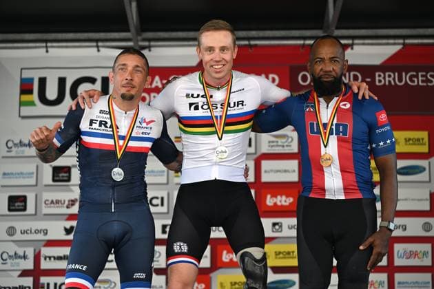 Picture show the podium of the MH5 category after the time trials at the UCI Para-Cycling Road World Cup event, Thursday 01 May 2025, in Oostende. The UCI Para-Cycling Road World Cup takes place from 01 to 04 May in Oostende and Brugge. LUCxCLAESSEN  x122410187x