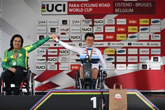 Picture show the podium of the WH2 category after the time trials at the UCI Para-Cycling Road World Cup event, Thursday 01 May 2025, in Oostende. The UCI Para-Cycling Road World Cup takes place from 01 to 04 May in Oostende and Brugge. LUCxCLAESSEN  x122410195x