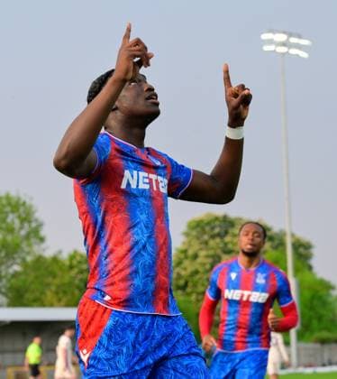 Crystal Palace u21s v Chelsea u21s, London, UK - 2 May 2025 Goal celebrations for Hindolo Mustapha of Crystal Palace U21, U 21 s after scoring the opening goal during the Premier League 2 match between Crystal Palace u21s and Chelsea u21s at The VBS Community Stadium, Sutton, London on 2 May 2025 ( London VBS Community Stadium London England Copyright: xAlanxStanford PPAUKx PPA-185320