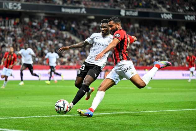 FOOTBALL : OGC Nice vs SR Reims - ligue 1 - 2 5 25 Nice™s defender 2 Ali Abdi and Reims™s defender 23 AurÃ lio Buta - French L1 football match between OGC NICE and STADE DE REIMS (SR) at Allianz Riviera Stadium of Nice, south France, on May 2, 2025. NICEFrance  Copyright: xfredxDIDES psnewzx