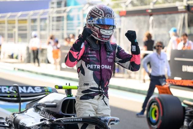 2nd May 2025; Miami International Autodrome, Miami, Florida, USA; Formula 1 Crypto.com Miami Grand Prix 2025; Free Practice Day; Mercedes-AMG PETRONAS driver Kimi Antonelli of Italy celebrates winning the pole position during the Sprint Qualifying session.  ActionPlus12780964 DouglasxMurray
