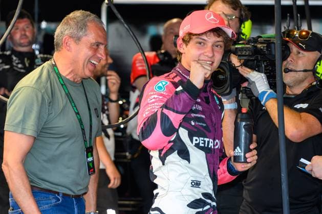 2nd May 2025; Miami International Autodrome, Miami, Florida, USA; Formula 1 Crypto.com Miami Grand Prix 2025; Free Practice Day; Mercedes-AMG PETRONAS driver Kimi Antonelli of Italy celebrates winning the pole position during the Sprint Qualifying session with his father Marco Antonelli.  ActionPlus12780972 DouglasxMurray