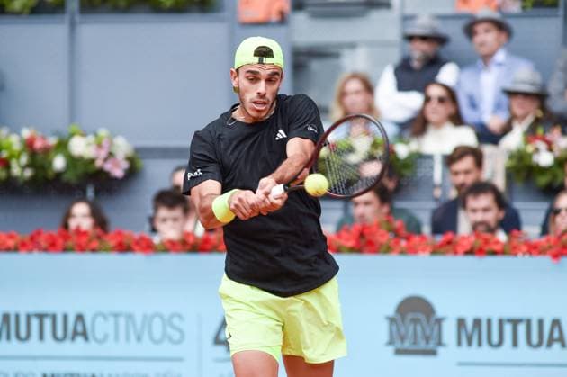 (250503) -- MADRID, May 3, 2025 -- Francisco Cerundolo competes during the men s singles semifinal between Casper Ruud of Norway and Francisco Cerundolo of Argentina at the Madrid Open tennis tournament in Caja Magica, Madrid, Spain, May 2, 2025. (Photo by Xinhua) (SP)SPAIN-MADRID-TENNIS-MADRID OPEN-MEN S SINGLES-SEMIFINAL GustavoxValiente 
