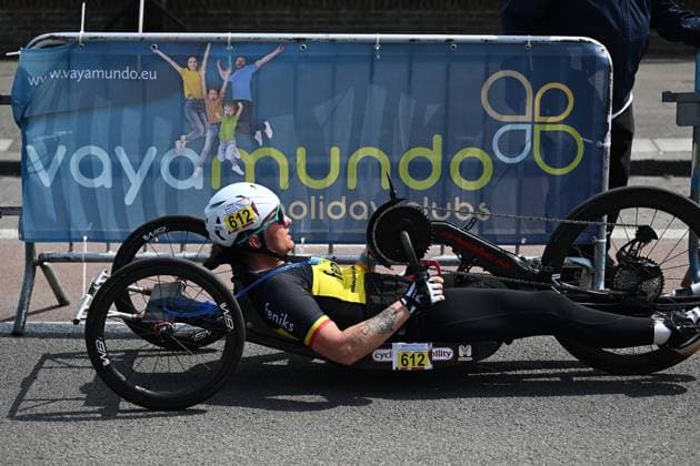 Belgian Laurence Vandevyver pictured as she finishes her race at the road races at the UCI Para-Cycling Road World Cup event, Saturday 03 May 2025, in Brugge. The UCI Para-Cycling Road World Cup takes place from 01 to 04 May in Oostende and Brugge. LUCxCLAESSEN  x122525977x
