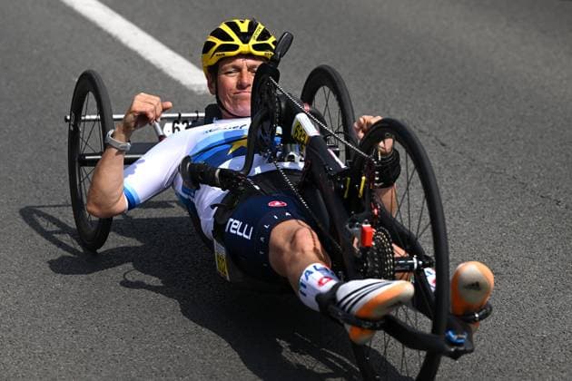 WH2 Italy s Roberta Amadeo celebrates as she finishes the road races at the UCI Para-Cycling Road World Cup event, Saturday 03 May 2025, in Brugge. The UCI Para-Cycling Road World Cup takes place from 01 to 04 May in Oostende and Brugge. LUCxCLAESSEN  x122525983x
