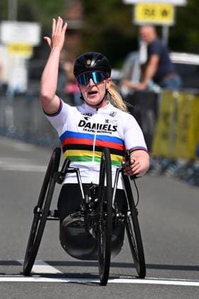 WH5 Netherlands Chantal Haenen celebrates as she wins the WH5 race at the road races at the UCI Para-Cycling Road World Cup event, Saturday 03 May 2025, in Brugge. The UCI Para-Cycling Road World Cup takes place from 01 to 04 May in Oostende and Brugge. LUCxCLAESSEN  x122525987x