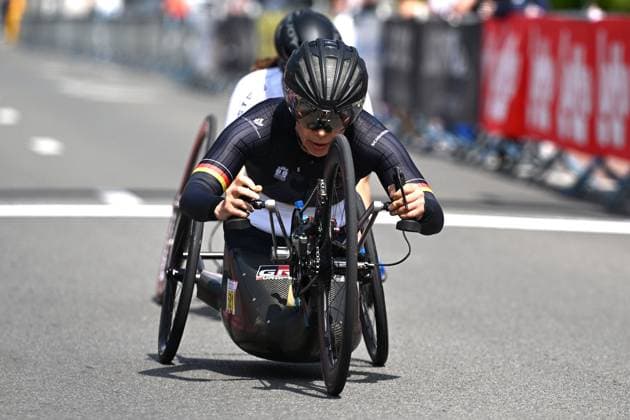 WH5 Germany s Andrea Eskau pictured as she finishes her race at the road races at the UCI Para-Cycling Road World Cup event, Saturday 03 May 2025, in Brugge. The UCI Para-Cycling Road World Cup takes place from 01 to 04 May in Oostende and Brugge. LUCxCLAESSEN  x122526028x