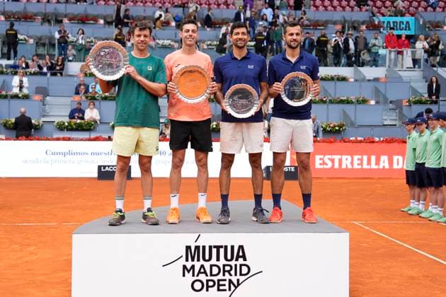 May 3, 2025, Madrid, Madrid, Spain: Horacio Zeballos of Argentina and Marcel Granollers of Spain (winners) pose for photo with Marcelo Arevalo of El Salvador and Mate Pavic of Croatia (second place) during the Men DoubleÃ¢â‚¬â ¢s Final of Mutua Madrid Open 2025 - ATP, Tennis Herren Masters 1000 celebrated at Caja Magica on May 03, 2025 in Madrid, Spain. Madrid Spain - ZUMAa181 20250503_zaa_a181_106 Copyright: xOscarxJ.xBarrosox