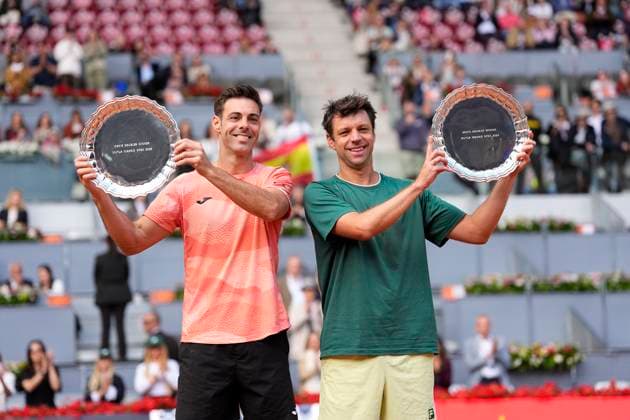 May 3, 2025, Madrid, Madrid, Spain: Horacio Zeballos of Argentina and Marcel Granollers of Spain pose with the winners trophies after winning against Marcelo Arevalo of El Salvador and Mate Pavic of Croatia during the Men DoubleÃ¢â‚¬â ¢s Final of Mutua Madrid Open 2025 - ATP, Tennis Herren Masters 1000 celebrated at Caja Magica on May 03, 2025 in Madrid, Spain. Madrid Spain - ZUMAa181 20250503_zaa_a181_098 Copyright: xOscarxJ.xBarrosox