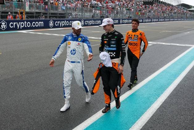 3 Platz beim Sprint, Lewis Hamilton (Scuderia Ferrari HP), 2 Platz beim sprint Oscar Piastri (McLaren Formula 1 Team), Winner beim Sprint, Lando Norris (McLaren Formula 1 Team), Grosser Preis von Miami, Motorsport, Herren, Formel 1, Sprint, 03.05.2025 Miami Florida USA