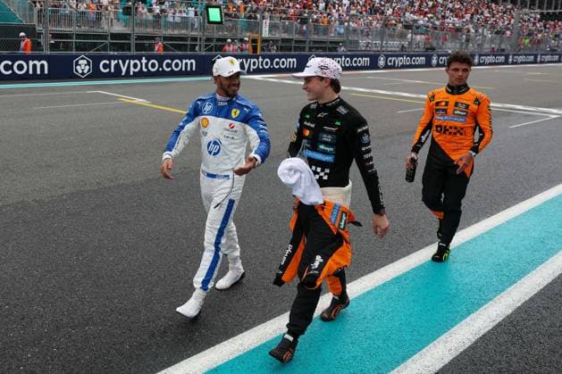 3 Platz beim Sprint, Lewis Hamilton (Scuderia Ferrari HP), 2 Platz beim sprint Oscar Piastri (McLaren Formula 1 Team), Winner beim Sprint, Lando Norris (McLaren Formula 1 Team), Grosser Preis von Miami, Motorsport, Herren, Formel 1, Sprint, 03.05.2025 Miami Florida USA