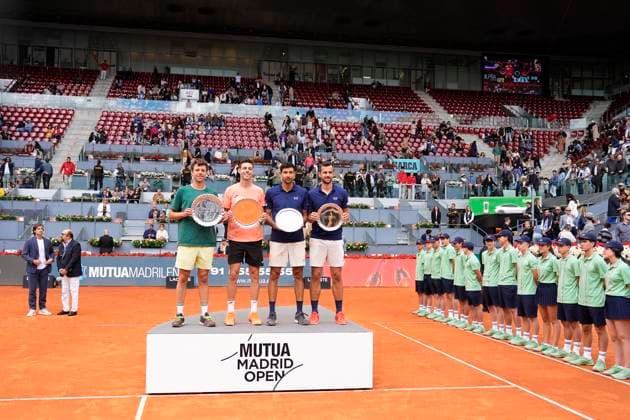 May 3, 2025, Madrid, Madrid, Spain: Horacio Zeballos of Argentina and Marcel Granollers of Spain (winners) pose for photo with Marcelo Arevalo of El Salvador and Mate Pavic of Croatia (second place) during the Men DoubleÃ¢â‚¬â ¢s Final of Mutua Madrid Open 2025 - ATP, Tennis Herren Masters 1000 celebrated at Caja Magica on May 03, 2025 in Madrid, Spain. Madrid Spain - ZUMAa181 20250503_zaa_a181_105 Copyright: xOscarxJ.xBarrosox