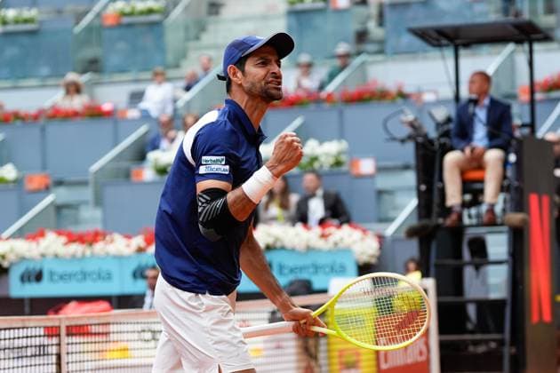 May 3, 2025, Madrid, Madrid, Spain: Marcelo Arevalo of Salvador reacts during match played with Mate Pavic of Croatia against Horacio Zeballos of Argentina and Marcel Granollers of Spain during the Men DoubleÃ¢â‚¬â ¢s Final of Mutua Madrid Open 2025 - ATP, Tennis Herren Masters 1000 celebrated at Caja Magica on May 03, 2025 in Madrid, Spain. Madrid Spain - ZUMAa181 20250503_zaa_a181_149 Copyright: xDennisxAgyemanx