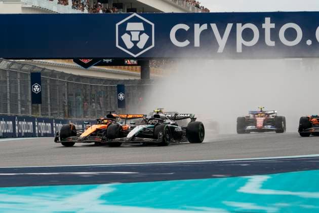 Australian Formula One driver Oscar Piastri of McLaren F1 Team passes Italian Formula One driver Andrea Kimi Antonelli of Mercedes-AMG Petronas during the sprint race at the Formula One Miami Grand Prix at the Miami International Autodrome in Miami Gardens, Florida on Saturday, May 3, 2025.  MIA2025050332 GREGxNASH