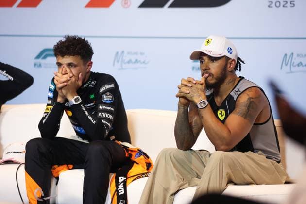 F1 - MIAMI GRAND PRIX 2025 press conference, PK, Pressekonferenz NORRIS Lando (gbr), McLaren F1 Team MCL39, HAMILTON Lewis (gbr), Scuderia Ferrari SF-25, portrait during the Formula 1 Crypto.com Miami Grand Prix 2025, 6th round of the 2025 FIA Formula One World Championship, WM, Weltmeisterschaft from May 2 to 4, 2025 on the Miami International Autodrome, in Miami Gardens, Florida, United States of America - Miami GardensUnited States Copyright: xANTONINxVINCENTx