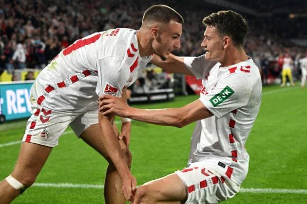 Tim Lemperle (1. FC Koeln) und Eric Martel (1. FC Koeln) Torjubel, jubelt nach seinem Treffer zum 1:0 waehrend des Spiels der 2. Bundesliga zwischen 1. FC Köln und Jahn Regensburg im RheinEnergieStadion am 03. May 2025 in Köln, Deutschland. (Foto von Ralf Treese DeFodi Images) +++ Tim Lemperle (1. FC Koeln) und Eric Martel (1. FC Koeln) celebrates after scoring his team™s first goal during the 2. Bundesliga match between 1. FC Köln and Jahn Regensburg at RheinEnergieStadion on May 3, 2025 in Cologne, Germany. (Photo by Ralf Treese DeFodi Images) DFB DFL REGULATIONS PROHIBIT ANY USE OF PHOTOGRAPHS AS IMAGE SEQUENCES AND OR QUASI-VIDEO. (Photo by Ralf Treese DeFodi Images)