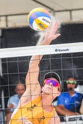 (250504) -- LAGUNA PROVINCE, May 4, 2025 -- Dimitrios Chatzinikolaou of Greece competes during the men s semifinal match between Dimitrios Chatzinikolaou Stavros Ntallas of Greece and Kevin Cuzmiciov Eylon Elazar of Israel at the Volleyball World Beach Pro Tour Futures in Laguna Province, the Philippines, May 4, 2025. ) (SP)PHILIPPINES-LAGUNA PROVINCE-VOLLEYBALL WORLD BEACH PRO TOUR FUTURES ROUELLExUMALI 