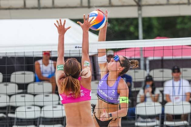 (250504) -- LAGUNA PROVINCE, May 4, 2025 -- Gerda Grudzinskaite (R) of Lithuania competes against Sawame Mayu of Japan during the women s semifinal match between Ieva Dumbauskaite Gerda Grudzinskaite of Lithuania and Ito Sakura Sawame Mayu of Japan at the Volleyball World Beach Pro Tour Futures in Laguna Province, the Philippines, May 4, 2025. ) (SP)PHILIPPINES-LAGUNA PROVINCE-VOLLEYBALL WORLD BEACH PRO TOUR FUTURES ROUELLExUMALI 