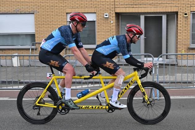 Belgium MB para-cycling athlete Sander Alaerts and pilote Simon Decraene and pictured in action during the road races at the UCI Para-Cycling Road World Cup event, Saturday 03 May 2025, in Brugge. The UCI Para-Cycling Road World Cup takes place from 01 to 04 May in Oostende and Brugge. LUCxCLAESSEN  x122629325x