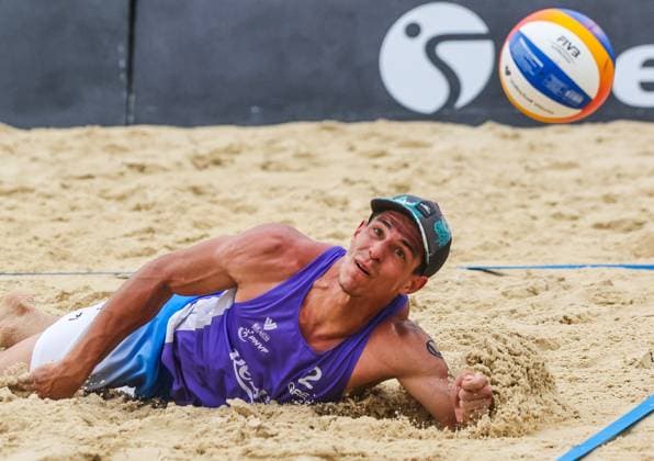 (250504) -- LAGUNA PROVINCE, May 4, 2025 -- Dimitrios Chatzinikolaou of Greece competes during the men s 3rd place match between Stavros Ntallas Dimitrios Chatzinikolaou of Greece and Olivers Bulgacs Markuss Graudins of Latvia at the Volleyball World Beach Pro Tour Futures in Laguna Province, the Philippines, May 4, 2025. ) (SP)PHILIPPINES-LAGUNA PROVINCE-VOLLEYBALL WORLD BEACH PRO TOUR FUTURES ROUELLExUMALI 