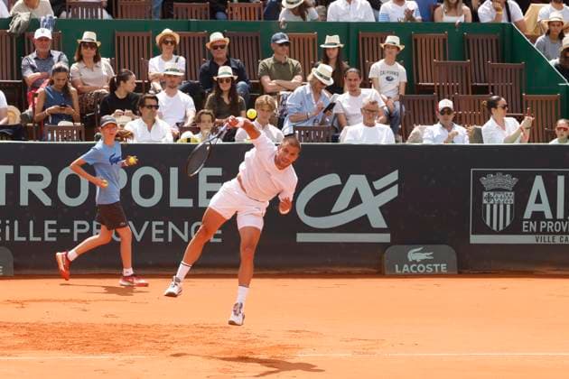 Open d Aix en Provence PHOTOPQR LA PROVENCE Stephane DUCLET ; Aix-en-Provence ; 04 05 2025 ; Open d Aix en Provence Crédit Agricole. Finale entre Stan Wawrinka (short bleu) et Borna Coric (short blanc). Tennis ATP, Tennis Herren Challenger Aix-en-Provence 2025