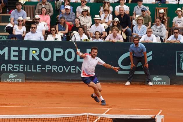 Open d Aix en Provence PHOTOPQR LA PROVENCE Stephane DUCLET ; Aix-en-Provence ; 04 05 2025 ; Open d Aix en Provence Crédit Agricole. Finale entre Stan Wawrinka (short bleu) et Borna Coric (short blanc). Tennis ATP, Tennis Herren Challenger Aix-en-Provence 2025