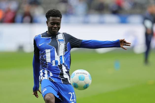 2. Fußball Bundesliga, Hertha BSC - Greuther Fürth Boris Mamuzah Lum (Hertha 21), während der Begegnung in der 2. Fußball Bundesliga, Hertha BSC - Greuther Fürth in Berlin, Olympiastadion, am 04.05.2025. DFB regulations prohibit any use of photographs as image sequences and or quasi video.