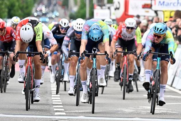 Lotto-Famenne Ardenne Classic 2025 cycling race MARCHE-EN-FAMENNE, BELGIUM - MAY 04 : Kanter Max (GER) of XDS Astana Team wins the sprint, Marit Arne (BEL) of Intermarche - Wanty, Bol Cees (NED) of XDS Astana Team during the Men Elite UCI 1.1 Europe Tour 7th Lotto-Famenne Ardenne Classic cycling race with start in Marche-en-Famenne and finish in Marche-en-Famenne after 195 km on May 04, 2025 in Marche-en-Famenne, Belgium, 04 05 2025 ( Motordriver Guy De Vuyst & Marche-en-Famenne Belgium  Copyright: xJanxDexMeuleneirx