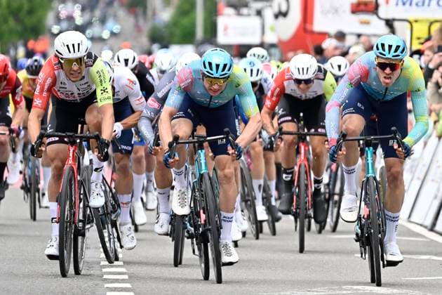 Lotto-Famenne Ardenne Classic 2025 cycling race MARCHE-EN-FAMENNE, BELGIUM - MAY 04 : Kanter Max (GER) of XDS Astana Team wins the sprint, Marit Arne (BEL) of Intermarche - Wanty, Bol Cees (NED) of XDS Astana Team during the Men Elite UCI 1.1 Europe Tour 7th Lotto-Famenne Ardenne Classic cycling race with start in Marche-en-Famenne and finish in Marche-en-Famenne after 195 km on May 04, 2025 in Marche-en-Famenne, Belgium, 04 05 2025 ( Motordriver Guy De Vuyst & Marche-en-Famenne Belgium  Copyright: xJanxDexMeuleneirx