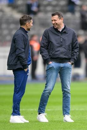 Fußball, 2. Bundesliga, 20250504, Hertha BSC - SpVgg Greuther Fürth. Im Bild v.l. Trainer Hertha Stefan LEITL, Sportdirektor Hertha Benjamin WEBER Schlusspfiff. Berlin Olympiastadion Brandenburg Deutschland